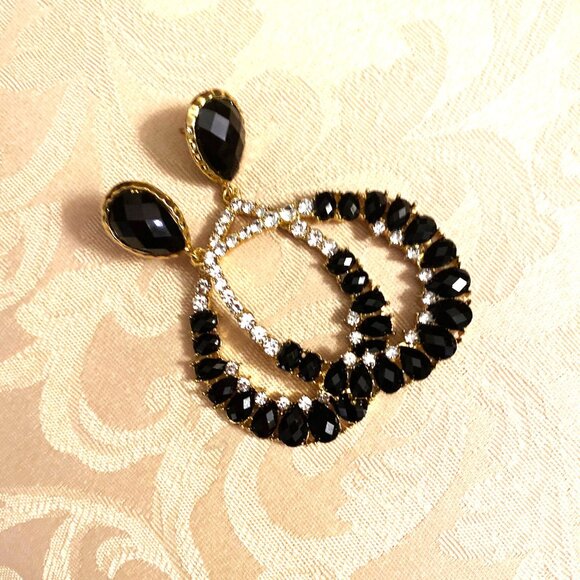 Glittering 2 1/2" Black & Clear Rhinestone Pierced Hoop Earrings - Picture 2 of 4